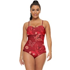 Four Red Butterflies With Flower Illustration Butterfly Flowers Retro Full Coverage Swimsuit by Pakjumat