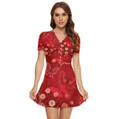 Four Red Butterflies With Flower Illustration Butterfly Flowers V-neck High Waist Chiffon Mini Dress by Pakjumat