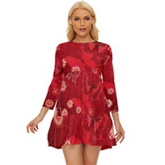 Four Red Butterflies With Flower Illustration Butterfly Flowers Long Sleeve Babydoll Dress by Pakjumat