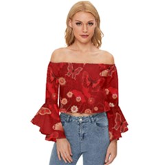 Four Red Butterflies With Flower Illustration Butterfly Flowers Off Shoulder Flutter Bell Sleeve Top by Pakjumat