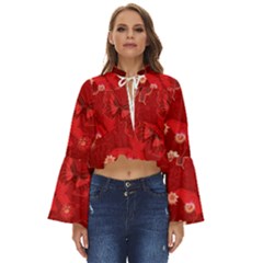 Four Red Butterflies With Flower Illustration Butterfly Flowers Boho Long Bell Sleeve Top by Pakjumat