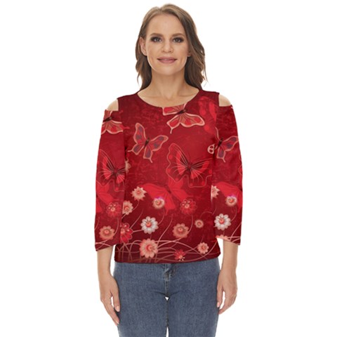 Four Red Butterflies With Flower Illustration Butterfly Flowers Cut Out Wide Sleeve Top by Pakjumat