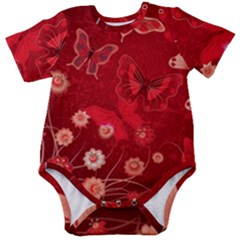 Four Red Butterflies With Flower Illustration Butterfly Flowers Baby Short Sleeve Bodysuit by Pakjumat