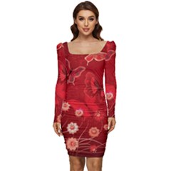 Four Red Butterflies With Flower Illustration Butterfly Flowers Women Long Sleeve Ruched Stretch Jersey Dress by Pakjumat