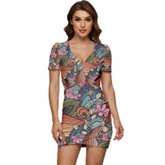 Multicolored Flower Decor Flowers Patterns Leaves Colorful Low Cut Cap Sleeve Mini Dress by Pakjumat