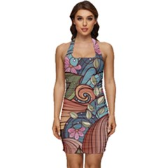 Multicolored Flower Decor Flowers Patterns Leaves Colorful Sleeveless Wide Square Neckline Ruched Bodycon Dress by Pakjumat