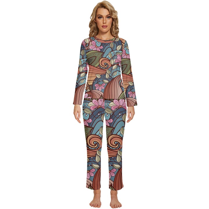 Multicolored Flower Decor Flowers Patterns Leaves Colorful Womens  Long Sleeve Lightweight Pajamas Set