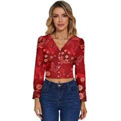 Four Red Butterflies With Flower Illustration Butterfly Flowers Long Sleeve V-neck Top by Pakjumat