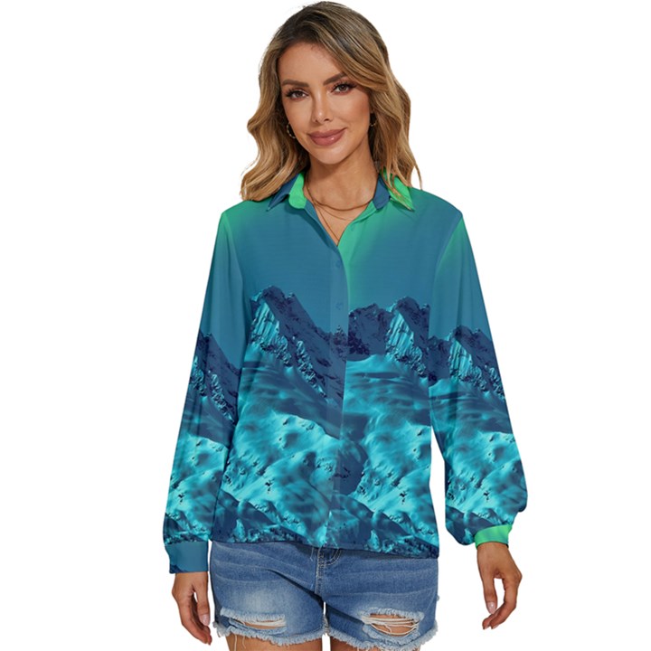 Aurora Borealis Sky Winter Snow Mountains Night Women s Long Sleeve Button Up Shirt