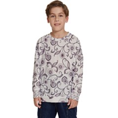 White And Brown Floral Wallpaper Flowers Background Pattern Kids  Crewneck Sweatshirt by Pakjumat