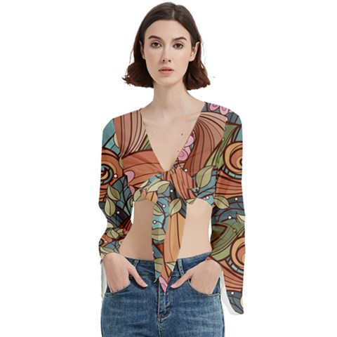 Multicolored Flower Decor Flowers Patterns Leaves Colorful Trumpet Sleeve Cropped Top by Pakjumat