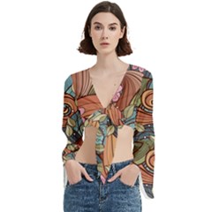 Multicolored Flower Decor Flowers Patterns Leaves Colorful Trumpet Sleeve Cropped Top