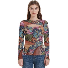 Multicolored Flower Decor Flowers Patterns Leaves Colorful Women s Cut Out Long Sleeve T-shirt by Pakjumat