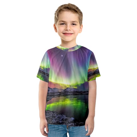 Aurora Borealis Polar Northern Lights Natural Phenomenon North Night Mountains Kids  Sport Mesh T-shirt by Pakjumat