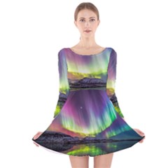 Aurora Borealis Polar Northern Lights Natural Phenomenon North Night Mountains Long Sleeve Velvet Skater Dress