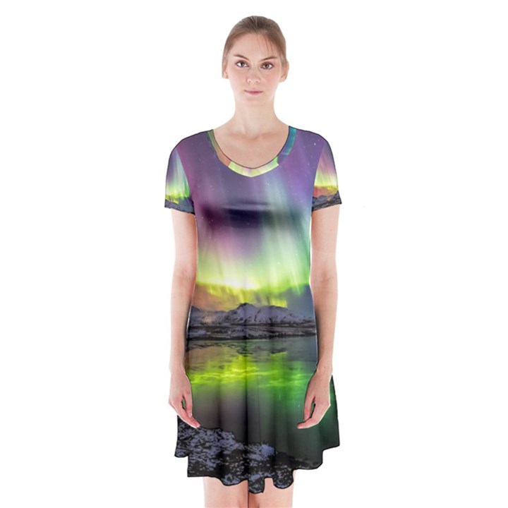 Aurora Borealis Polar Northern Lights Natural Phenomenon North Night Mountains Short Sleeve V-neck Flare Dress