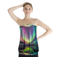 Aurora Borealis Polar Northern Lights Natural Phenomenon North Night Mountains Strapless Top by Pakjumat