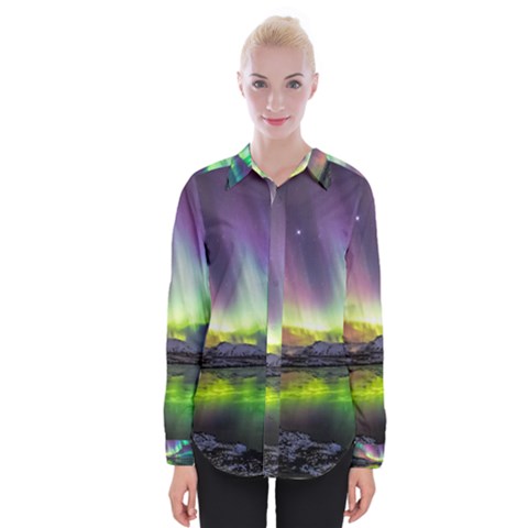 Aurora Borealis Polar Northern Lights Natural Phenomenon North Night Mountains Womens Long Sleeve Shirt by Pakjumat