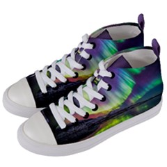 Aurora Borealis Polar Northern Lights Natural Phenomenon North Night Mountains Women s Mid-top Canvas Sneakers by Pakjumat