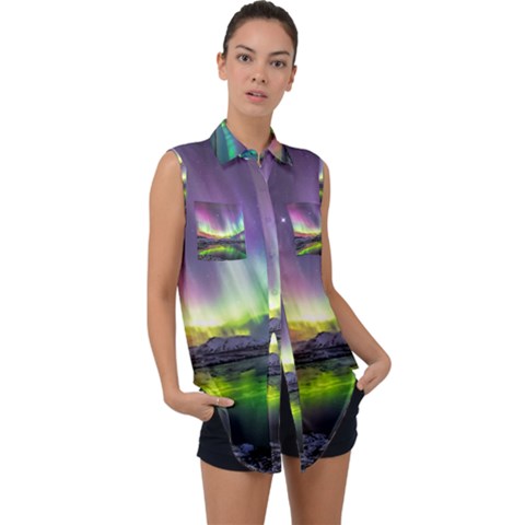 Aurora Borealis Polar Northern Lights Natural Phenomenon North Night Mountains Sleeveless Chiffon Button Shirt by Pakjumat