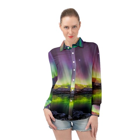 Aurora Borealis Polar Northern Lights Natural Phenomenon North Night Mountains Long Sleeve Chiffon Shirt by Pakjumat