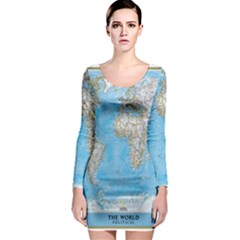 Blue White And Green World Map National Geographic Long Sleeve Bodycon Dress by Pakjumat