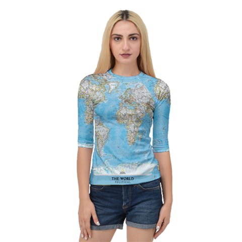 Blue White And Green World Map National Geographic Quarter Sleeve Raglan T-shirt by Pakjumat