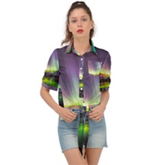 Aurora Borealis Polar Northern Lights Natural Phenomenon North Night Mountains Tie Front Shirt  by Pakjumat