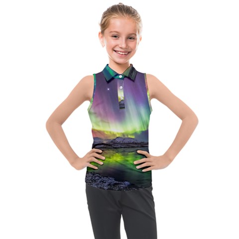 Aurora Borealis Polar Northern Lights Natural Phenomenon North Night Mountains Kids  Sleeveless Polo T-shirt by Pakjumat