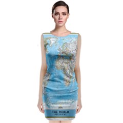 Blue White And Green World Map National Geographic Classic Sleeveless Midi Dress by Pakjumat