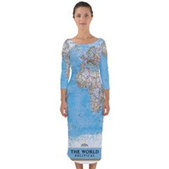 Blue White And Green World Map National Geographic Quarter Sleeve Midi Bodycon Dress by Pakjumat