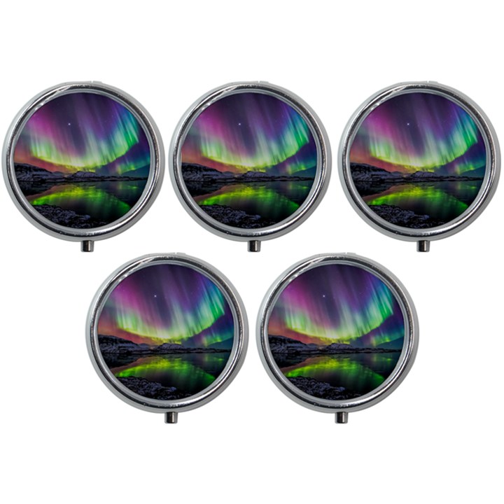 Aurora Borealis Polar Northern Lights Natural Phenomenon North Night Mountains Mini Round Pill Box (Pack of 5)