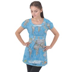 Blue White And Green World Map National Geographic Puff Sleeve Tunic Top by Pakjumat