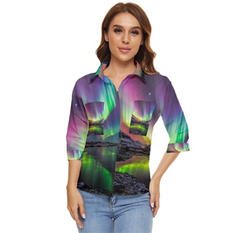 Aurora Borealis Polar Northern Lights Natural Phenomenon North Night Mountains Women s Quarter Sleeve Pocket Shirt by Pakjumat