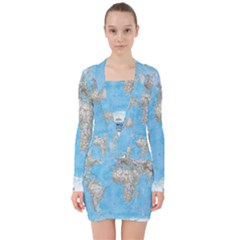 Blue White And Green World Map National Geographic V-neck Bodycon Long Sleeve Dress by Pakjumat