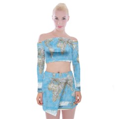 Blue White And Green World Map National Geographic Off Shoulder Top With Mini Skirt Set by Pakjumat