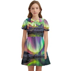 Aurora Borealis Polar Northern Lights Natural Phenomenon North Night Mountains Kids  Bow Tie Puff Sleeve Dress by Pakjumat