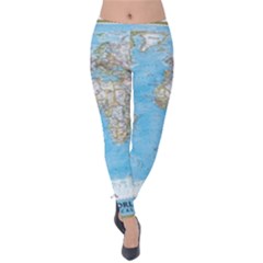 Blue White And Green World Map National Geographic Velvet Leggings by Pakjumat