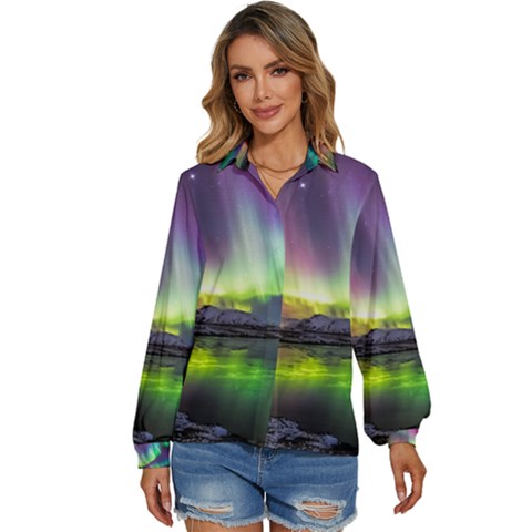 Aurora Borealis Polar Northern Lights Natural Phenomenon North Night Mountains Women s Long Sleeve Button Up Shirt by Pakjumat