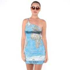 Blue White And Green World Map National Geographic One Shoulder Ring Trim Bodycon Dress by Pakjumat