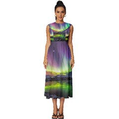 Aurora Borealis Polar Northern Lights Natural Phenomenon North Night Mountains Sleeveless Round Neck Midi Dress by Pakjumat