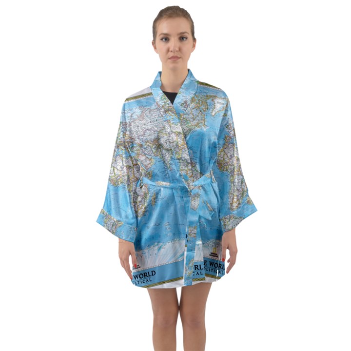 Blue White And Green World Map National Geographic Long Sleeve Satin Kimono