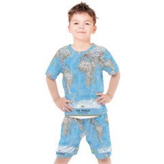 Blue White And Green World Map National Geographic Kids  T-shirt And Shorts Set by Pakjumat