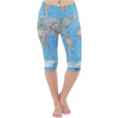 Blue White And Green World Map National Geographic Lightweight Velour Cropped Yoga Leggings by Pakjumat