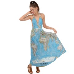 Blue White And Green World Map National Geographic Backless Maxi Beach Dress by Pakjumat