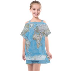 Blue White And Green World Map National Geographic Kids  One Piece Chiffon Dress by Pakjumat