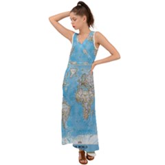 Blue White And Green World Map National Geographic V-neck Chiffon Maxi Dress by Pakjumat