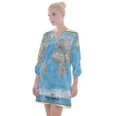 Blue White And Green World Map National Geographic Open Neck Shift Dress by Pakjumat