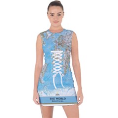 Blue White And Green World Map National Geographic Lace Up Front Bodycon Dress by Pakjumat