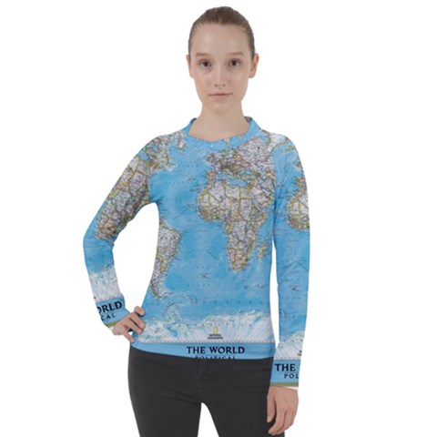 Blue White And Green World Map National Geographic Women s Pique Long Sleeve T-shirt by Pakjumat